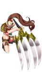  1girl artist_request breasts brown_hair full_body holding holding_weapon large_breasts long_hair midriff navel nejou_(oshiro_project) official_art oshiro_project oshiro_project_re ponytail sitting solo transparent_background very_long_hair weapon 