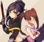  2girls ayasugi_tsubaki back-to-back black_hair brown_hair cannon gloves green_eyes gun hair_ornament holding holding_weapon long_hair midriff misaki_(oshiro_project) multiple_girls oshiro_project ponytail saika_(oshiro_project) simple_background sleeveless twintails weapon yellow_eyes 