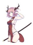  1girl antlers arm_up armpits bangs bare_shoulders black_legwear breasts closed_mouth covered_navel cropped_legs deel_(rkeg) dragon_girl dress expressionless from_side green_eyes highres loincloth looking_at_viewer medium_breasts original pelvic_curtain pink_hair polearm red_dress short_hair side_slit sideboob simple_background solo string_panties swept_bangs tail thigh-highs turtleneck underbust weapon white_background 