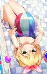  1girl ahoge ball beachball blonde_hair blue_swimsuit bow bvucki36gzoeq1c eyebrows_visible_through_hair green_eyes hair_bow hairband highres idolmaster idolmaster_cinderella_girls looking_at_viewer lying medium_hair new_school_swimsuit on_back outdoors sakurai_momoka shoes smile socks solo sweat swimsuit upside-down uwabaki white_legwear 