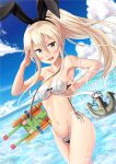  1girl alternate_costume alternate_hairstyle armpits bare_arms bare_shoulders bikini blonde_hair blush breasts clouds cloudy_sky collarbone cowboy_shot day grey_eyes hair_between_eyes highleg highleg_bikini ichikawa_feesu kantai_collection long_hair looking_at_viewer midriff navel ocean ponytail rensouhou-chan salute shimakaze_(kantai_collection) side-tie_bikini sky small_breasts smile swimsuit thighs water_gun white_bikini 