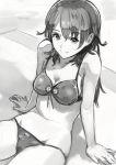  1girl absurdres bangs bikini breasts cleavage closed_mouth day eyebrows_visible_through_hair greyscale highres long_hair looking_at_viewer medium_breasts monochrome okuto original outdoors sitting smile solo swimsuit 