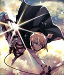  1girl blonde_hair blue_eyes cape christa_renz clouds cloudy_sky highres kisaragi_yuu_(fallen_sky) long_sleeves looking_at_viewer midair pants ponytail shingeki_no_kyojin sky smile solo sunlight three-dimensional_maneuver_gear white_pants 