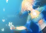  1girl bangs bracer chitose_mame closed_eyes copyright_name eyebrows floating flower forehead hair_down hair_ornament hairclip long_hair lying on_back parted_bangs pointy_ears princess_zelda solo the_legend_of_zelda the_legend_of_zelda:_breath_of_the_wild water 