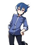  1boy :&lt; akiba&#039;s_trip akiba&#039;s_trip_the_animation black_pants blue_hair blue_shirt closed_mouth denkigai_tamotsu funkunsan hand_on_hip highres looking_at_viewer male_focus multicolored_hair pants red_eyes shirt short_hair simple_background sleeves_folded_up solo streaked_hair white_background 