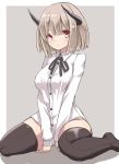 1girl :&lt; bangs between_legs black_boots black_ribbon blunt_bangs blush boots breasts brown_background buttons closed_mouth collared_shirt dress_shirt expressionless hand_between_legs horns legs_apart long_sleeves looking_at_viewer medium_breasts red_eyes ribbon shirt simple_background sitting solo thigh-highs thigh_boots tokoi wariza white_shirt wing_collar 