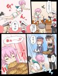  bismarck_(kantai_collection) blonde_hair capelet cat comic dress graf_zeppelin_(kantai_collection) hat highres holding holding_plate jumping kantai_collection long_hair long_sleeves midriff peaked_cap pink_hair plate pleated_skirt prinz_eugen_(kantai_collection) sailor_dress sailor_hat school_uniform serafuku short_hair sidelocks skirt tama_(kantai_collection) translation_request tsukemon twintails z3_max_schultz_(kantai_collection) 