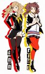  2girls ascot atlus blonde_hair boots brown_hair character_name cosplay costume_switch hair_ornament hairclip hand_on_hip hands_together hood hoodie kujikawa_rise kujikawa_rise_(cosplay) looking_at_viewer megami_tensei multiple_girls pantyhose persona persona_4 persona_5 plaid plaid_skirt school_uniform shinkusora skirt smile takamaki_anne takamaki_anne_(cosplay) thigh-highs trait_connection twintails zettai_ryouiki 