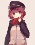  1girl beige_background brown_eyes brown_hair cabbie_hat closed_mouth hand_up hat highres jacket looking_at_viewer original red_scarf scarf short_hair simple_background smile solo suzukami upper_body zipper 