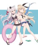  2girls :d alternate_hairstyle amatsukaze_(kantai_collection) anchor_hair_ornament ankle_cuffs bangs bare_arms bare_legs barefoot bikini bikini_skirt black_bikini black_ribbon blonde_hair blue_background blush closed_mouth cnm crop_top eyebrows_visible_through_hair fang hair_ornament hair_ribbon highres holding innertube kantai_collection lifebuoy locked_arms long_hair looking_at_viewer multiple_girls navel neckerchief open_mouth ponytail ribbon sailor_collar sandals shimakaze_(kantai_collection) silver_hair smile standing swimsuit two-tone_background two_side_up very_long_hair water water_gun white_background windsock wrist_cuffs 