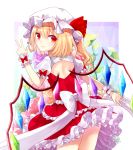  1girl ass blonde_hair dress flandre_scarlet hat hat_ribbon looking_back mob_cap open-back_dress petticoat puffy_short_sleeves puffy_sleeves red_dress red_eyes ribbon sakipsakip short_sleeves side_ponytail smile solo touhou wind wind_lift wings wrist_cuffs 