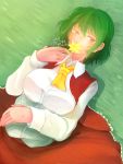  1122yuki 1girl ascot bangs blush breasts collared_shirt commentary_request covering_mouth dated flower frilled_skirt frills grass green_hair hair_between_eyes half-closed_eyes highres holding holding_flower kazami_yuuka large_breasts long_sleeves looking_to_the_side lying on_back on_grass open_clothes open_vest plaid plaid_skirt plaid_vest red_eyes red_skirt red_vest shiny shiny_hair shiny_skin shirt short_hair signature skirt skirt_set slit_pupils solo touhou vest white_pupils white_shirt 