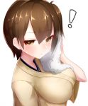  ! 1girl boruhis breasts brown_eyes brown_hair hair_between_eyes japanese_clothes kaga_(kantai_collection) kantai_collection large_breasts short_hair side_ponytail simple_background solo sweat towel white_background wide_sleeves wiping_sweat 