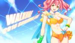  1girl armpits bikini bracelet breasts earrings frilled_bikini frills jewelry large_breasts macross macross_delta makina_nakajima necklace orange_bikini orange_eyes pink_hair ribbon ring sky swimsuit tombsakura 