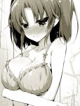  1girl akahito bangs blush bra breasts cleavage closed_mouth collarbone embarrassed eyebrows_visible_through_hair frilled_bra frills full-face_blush greyscale large_breasts mikakunin_de_shinkoukei monochrome parted_bangs ribbon-trimmed_bra sidelocks solo twintails underwear upper_body yonomori_kobeni 