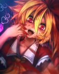 &gt;:d 1girl :d ascot blonde_hair blood blood_on_face blood_stain bloody_hands fangs fixelcat flandre_scarlet hair_ornament hair_ribbon hand_to_own_mouth looking_at_viewer nail_polish open_mouth red_eyes ribbon short_sleeves slit_pupils smile solo touhou upper_body wide_sleeves wings yellow_ascot 