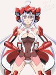  1girl ahoge ass_visible_through_thighs body_armor breasts character_name cleavage copyright_name covered_navel hands_on_hips headgear large_breasts long_twintails senki_zesshou_symphogear silver_hair sketch solo uotarou_(water-tank-60cm) violet_eyes white_background wide_stance yukine_chris 