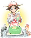  1girl ao_arashi apron brown_hair cake detached_sleeves food hairband headgear hiei_(kantai_collection) icing japanese_clothes kantai_collection nontraditional_miko ribbon-trimmed_sleeves ribbon_trim short_hair translation_request 