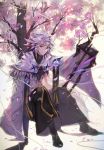  1boy black_boots boots capelet closed_mouth fate/stay_night fate_(series) hair_between_eyes highres hong knees_up lavender_hair looking_at_viewer male_focus merlin_(fate/stay_night) outdoors petals robe sitting smile solo staff tree violet_eyes 