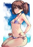  1girl :&gt; bangs bare_arms bare_shoulders bikini blue_sky blush breasts brown_eyes brown_hair closed_mouth collarbone day eyebrows_visible_through_hair frilled_bikini frills hair_tie kantai_collection legs_together micro_bikini navel open_mouth outdoors outside_border pink_bikini pink_ribbon purple_bikini purple_ribbon ribbon ryuujou_(kantai_collection) shinshin shiny shiny_skin side-tie_bikini sitting sky small_breasts smile solo speech_bubble stomach strap_gap sweat swimsuit tareme twitter_username two_side_up 
