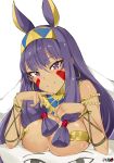  1girl absurdres bangs bare_shoulders blunt_bangs blush bracelet breast_press breasts closed_mouth dark_skin earrings egyptian egyptian_clothes facial_mark fate/grand_order fate_(series) hair_between_eyes hair_tubes hairband highres hoop_earrings jewelry large_breasts long_hair looking_at_viewer lying medjed nitocris_(fate/grand_order) on_stomach purple_hair revealing_clothes sidelocks smile solo tuxedo_de_cat under_covers violet_eyes 