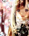  1girl :d artist_name bangs blurry blush bokeh brown_eyes brown_hair bubble camera commentary depth_of_field eyebrows_visible_through_hair highres holding holding_camera long_hair looking_at_viewer open_mouth original outdoors scarf smile solo tareme upper_body water_drop white_scarf yuzua 