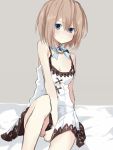  1girl bare_shoulders bed blanc blancpig_yryr blue_eyes blush brown_hair highres looking_at_viewer neptune_(series) short_hair sitting solo 