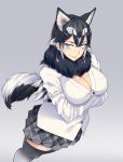  1girl absurdres animal_ears black_hair black_legwear blazer blue_eyes blush body_blush bonkiru breasts closed_mouth commentary_request crossed_arms dog_ears dog_tail from_above fur_collar gradient gradient_background grey_background hair_between_eyes highres jacket kemono_friends large_breasts long_hair multicolored_hair original plaid plaid_skirt pleated_skirt shirt skirt smile solo standing tail thigh-highs two-tone_hair very_long_hair white_hair white_shirt 