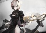 1girl black_gloves blindfold breasts center_opening cleavage cleavage_cutout copyright_name cowboy_shot gloves hairband highres hong juliet_sleeves kana long_sleeves medium_breasts mole mole_under_mouth nier_(series) nier_automata parted_lips pelvic_curtain puffy_sleeves short_hair solo sword upper_body weapon white_hair yorha_no._2_type_b 