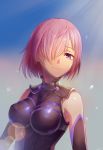  1girl aaanax absurdres bare_shoulders elbow_gloves fate/grand_order fate_(series) gloves hair_over_one_eye highres lavender_hair looking_at_viewer shielder_(fate/grand_order) sky smile solo violet_eyes 