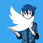  1boy akiba&#039;s_trip akiba&#039;s_trip_the_animation blue_background blue_hair denkigai_tamotsu funkunsan highres look-alike male_focus open_mouth short_hair simple_background sleeves_folded_up solo twitter twitter_logo upper_body 