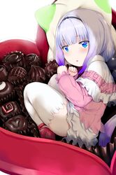  1girl absurdres bangs beads black_hairband blue_eyes blunt_bangs blush candy capelet chocolate dress eyebrows_visible_through_hair food gradient_hair hair_beads hair_ornament hairband heart-shaped_box hews_hack highres huge_filesize in_container kanna_kamui kobayashi-san_chi_no_maidragon long_hair long_sleeves looking_at_viewer lying multicolored_hair on_side patreon_reward pillow red_shoes shoes short_dress silver_hair simple_background solo thick_thighs thigh-highs thighs tied_hair twintails valentine white_background white_legwear zettai_ryouiki 