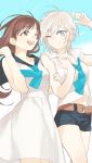  2girls anastasia_(idolmaster) belt blue_eyes blush brown_eyes brown_hair dress electric_flower idolmaster idolmaster_cinderella_girls locked_arms long_hair multiple_girls necktie nitta_minami one_eye_closed sailor_collar short_hair shorts silver_hair sky smile wind yuri 