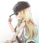  1girl bag baseball_cap blonde_hair braid dress duffel_bag from_side green_eyes hat lillie_(pokemon) long_hair pokemon pokemon_(game) pokemon_sm simple_background sleeveless sleeveless_dress solo tona_bnkz twin_braids white_background white_dress 