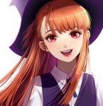  1girl :d brown_hair hat kagari_atsuko little_witch_academia long_hair looking_at_viewer open_mouth qi_kou red_eyes school_uniform sidelocks smile solo teeth white_background witch_hat 