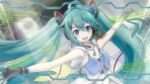  1girl 39 aqua_eyes aqua_hair hatsune_miku headset hood hoodie long_hair looking_at_viewer outstretched_arms sleeveless sleeveless_hoodie solo spread_arms twintails very_long_hair vocaloid 