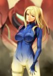  1girl armor blonde_hair bodysuit breasts covered_navel covered_nipples cowboy_shot green_eyes holster impossible_clothes lips long_hair medium_breasts metroid miyo_(13th_floor) ponytail projected_inset samus_aran sidelocks skin_tight smile thigh_holster thigh_strap varia_suit zero_suit 