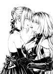  2girls bangs bare_shoulders braid breasts chains chocolate cleavage dress fate/grand_order fate_(series) french_braid greyscale hair_bun highres jeanne_alter large_breasts long_hair looking_at_viewer medium_breasts monochrome mouth_hold multiple_girls nipi27 open-back_dress open_mouth ruler_(fate/apocrypha) saber saber_alter sidelocks simple_background teeth vambraces wavy_hair yuri 