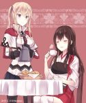  2girls akagi_(kantai_collection) black_legwear black_skirt blonde_hair bread brown_hair capelet closed_eyes cup dated food graf_zeppelin_(kantai_collection) hair_between_eyes hakama holding holding_cup jacket japanese_clothes kabocha_torute kantai_collection kettle long_hair long_sleeves military military_uniform multiple_girls muneate no_hat no_headwear open_mouth pantyhose pleated_skirt red_background red_hakama sidelocks sitting skirt smile tasuki teacup thigh-highs twintails twitter_username uniform violet_eyes white_jacket white_legwear 