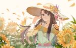  1girl alternate_costume belt blurry bokeh brown_eyes brown_hair casual collarbone copyright_name depth_of_field flower hat hat_flower highres kagari_atsuko little_witch_academia long_hair looking_at_viewer open_mouth petals signature sketch smile solo straw_hat sumery sun_hat sunflower upper_body 