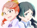  2girls back-to-back barbara_(little_witch_academia) black_eyes black_hair bow brown_eyes hair_bow hanna_(little_witch_academia) high_ponytail little_witch_academia long_hair looking_at_viewer looking_to_the_side multiple_girls open_mouth portrait redhead school_uniform simple_background sketch smile tei-o 