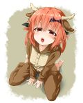  1girl :o animal_costume animal_ears antlers barefoot blush commentary_request eyebrows from_above full_body gabriel_dropout hair_ribbon highres kurumizawa_satanichia_mcdowell long_hair looking_at_viewer open_mouth pajamas red_eyes redhead reindeer_costume revision ribbon sazanka shadow sitting solo teeth tongue wariza 