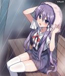  1girl bench clannad fujibayashi_kyou hair_ribbon long_hair looking_at_viewer mauve purple_hair rain red_ribbon ribbon school_uniform serafuku sitting solo suspenders thigh-highs towel towel_on_head twitter_username violet_eyes white_legwear white_sailor_collar 