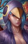  1girl artist_name bird_hood blue_hair closed_mouth deviantart_username freckles hair_ornament highres hood hooded_jacket jacket lips looking_past_viewer meme norman_de_mesa personification purple_jacket purple_lips solo trash_dove upper_body watermark web_address x_hair_ornament 