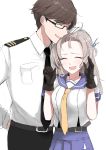 1boy 1girl ^_^ ^o^ admiral_(kantai_collection) belt belt_buckle black-framed_eyewear black_gloves black_necktie black_pants blue_ribbon blue_sailor_collar blue_skirt blush breast_pocket brown_hair buckle closed_eyes couple cowboy_shot epaulettes eyebrows_visible_through_hair forehead glasses gloves hair_ribbon hand_on_another&#039;s_head hand_on_hip hands_up happy height_difference hetero highres kantai_collection kinugasa_(kantai_collection) long_hair long_sleeves morinaga_(harumori) navel_cutout necktie one_side_up open_mouth pants petting pink_hair pleated_skirt pocket raised_eyebrows ribbon sailor_collar school_uniform semi-rimless_glasses serafuku short_hair short_sleeves sideways_mouth simple_background skirt smile under-rim_glasses white_background white_gloves yellow_necktie 