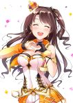  1girl breasts brown_hair cleavage closed_eyes crown detached_sleeves gloves heart heart_hands highres idolmaster idolmaster_cinderella_girls idolmaster_cinderella_girls_starlight_stage long_hair mini_crown one_side_up open_mouth shimamura_uzuki shirosaba47 side_ponytail single_glove smile solo 