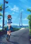  1girl arms_behind_back black_legwear blew_andwhite blue_skirt blue_sky bridge brown_hair brown_shoes clouds commentary_request day facing_away from_behind fubuki_(kantai_collection) full_body highres holding kantai_collection kneehighs outdoors plant pole road school_uniform serafuku shirt shoes short_hair_with_long_locks sidelocks skirt sky solo speaker street v_arms white_shirt 
