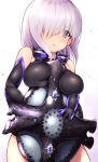 :o bare_shoulders between_breasts breasts cowboy_shot elbow_gloves fate/grand_order fate_(series) gloves hair_over_one_eye highres lavender_hair looking_at_viewer open_mouth purple_hair shield shielder_(fate/grand_order) shishoo_(vanura) short_hair skirt violet_eyes 
