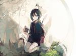  1girl black_hair book bush closed_mouth grass green_eyes hair_between_eyes hairband holding holding_book looking_at_viewer nature open_book original outdoors quill sailor_collar seiza short_hair sitting smile solo suzukami 