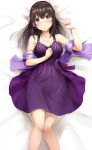  1girl bangs blue_eyes blush brown_hair bvucki36gzoeq1c collarbone dress earrings hairband highres idolmaster idolmaster_cinderella_girls jewelry knees_together_feet_apart long_hair looking_at_viewer lying necklace on_back purple_dress sagisawa_fumika sash shiny shiny_hair solo 